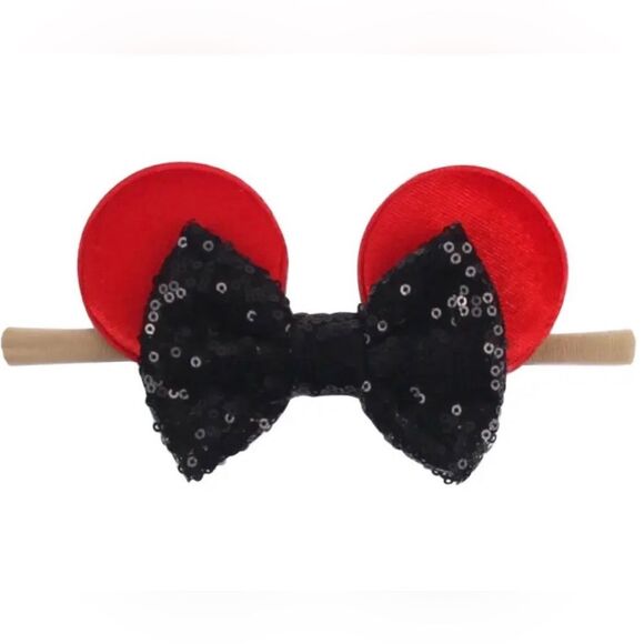 Baby Minnie Mouse Ears Headband with Black Sequins Bow - Picture 1 of 6